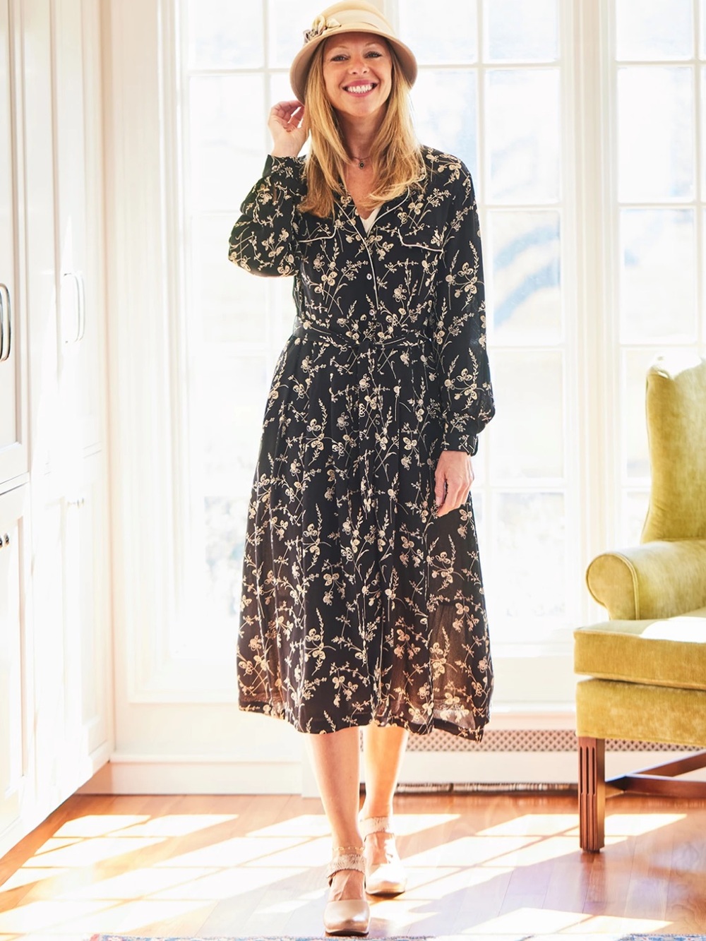 April Cornell Fall Clover Floral Black Tan Shirt Pocket Midi Prairie Dress L
